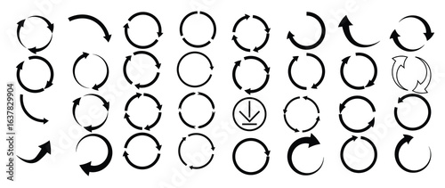 Thirty black arrow icons are displayed in a grid, each featuring circular designs and varying arrow configurations.