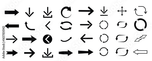 Various arrow symbols displayed on a white background. The collection includes straight, curved, and circular arrows pointing in multiple directions