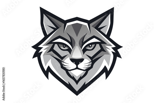 Stoic bobcat head displays shades of gray and black detail with intensity