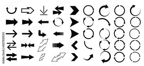 Collection of various arrow icons, featuring different styles and directions, such as straight, curved, circular, and chevron.