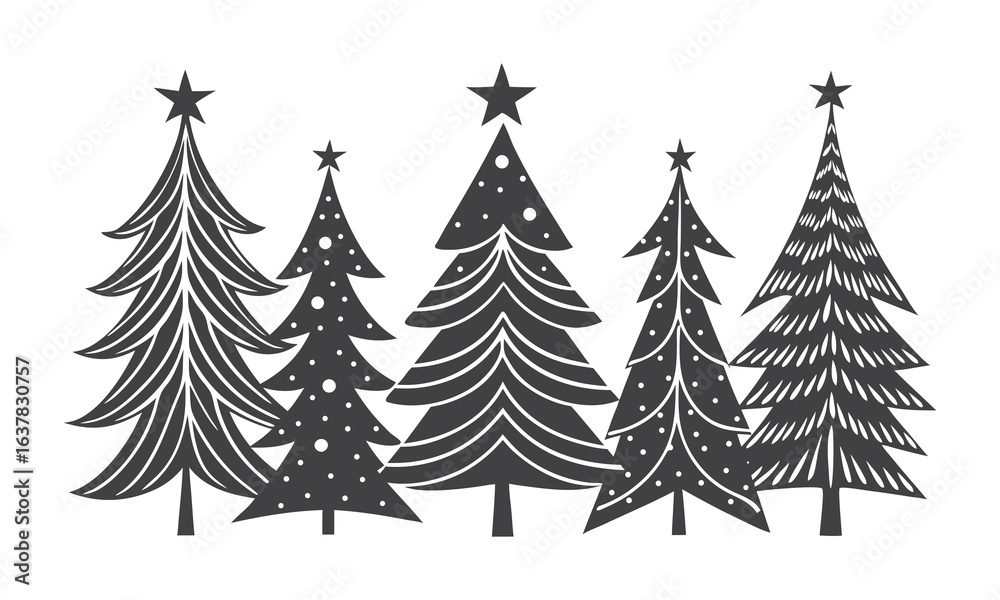 Fototapeta premium Group of Stylized Black and White Christmas Trees with Stars holiday winter