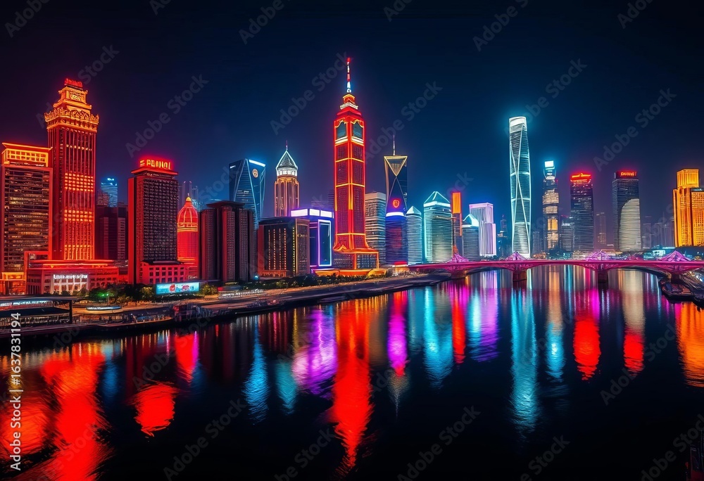 Obraz premium Chongqing's vibrant skyline at night, illuminated buildings reflecting in the Yangtze River, china, chongqing