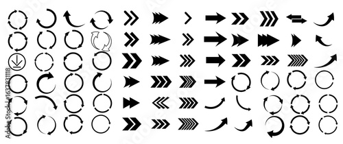 Collection of various arrow icons, featuring different styles and directions, such as straight, curved, circular, and chevron.