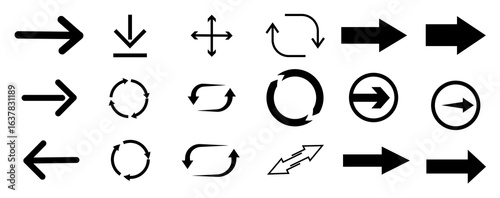 Various arrow symbols displayed on a white background. The collection includes straight, curved, and circular arrows pointing in multiple directions