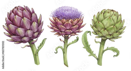 Fototapeta Naklejka Na Ścianę i Meble -  Detailed Watercolor Illustration of Three Artichokes in Different Stages of Bloom isolated on White Background Art Print