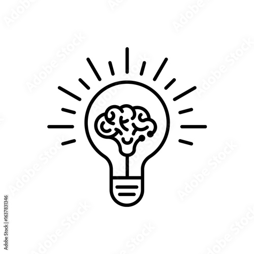 Glowing light bulb with brain vector illustration – black and white concept icon representing intelligence, creativity, idea generation, innovation, and smart thinking in minimal line art style.