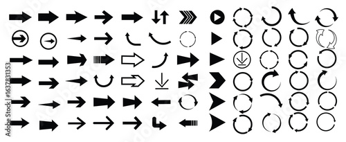 Collection of various arrow icons, featuring different styles and directions, such as straight, curved, circular, and chevron.