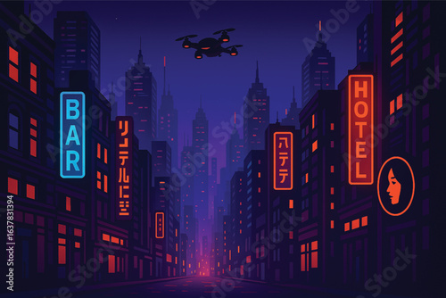 Futuristic cyberpunk city with neon lights and a drone at night