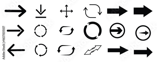 Various arrow symbols displayed on a white background. The collection includes straight, curved, and circular arrows pointing in multiple directions