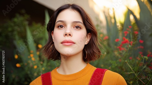 Portrait of a Young Woman with Natural Beauty Surrounded by Lush Greenery and Colorful Flowers