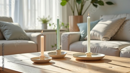 Cozy living room with candles and sunlit decor
