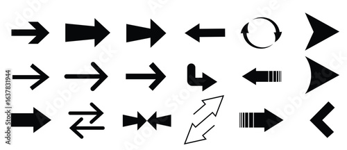 Various arrow symbols displayed on a white background. The collection includes straight, curved, and circular arrows pointing in multiple directions