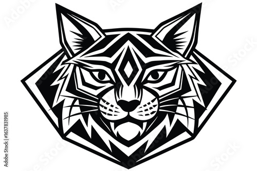 Stylized lynx head showcases geometric tribal line work in monochrome contrast perfectly