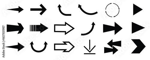 Various arrow symbols displayed on a white background. The collection includes straight, curved, and circular arrows pointing in multiple directions