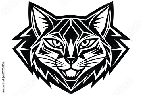 Stylized bobcat head boldly stares outward in a black and white geometric format