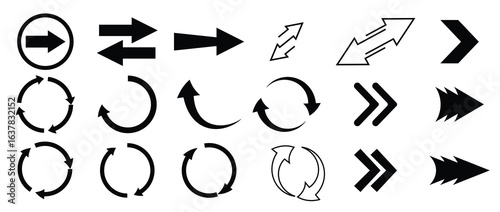 Various arrow symbols displayed on a white background. The collection includes straight, curved, and circular arrows pointing in multiple directions