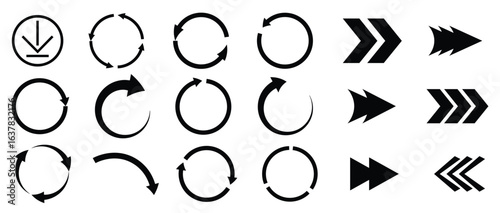 Black arrow icons showcase various designs and orientations against a white background. The left section features circular arrow patterns indicating rotation or recycling