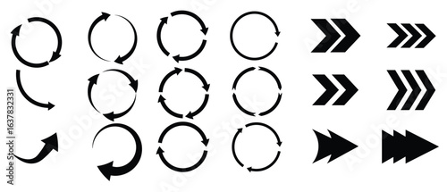 Black arrow icons showcase various designs and orientations against a white background. The left section features circular arrow patterns indicating rotation or recycling