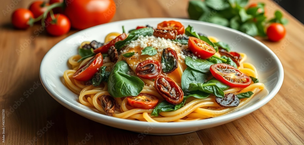 A vibrant plate of pasta tossed with sun-dried tomatoes and spinach, healthy food, rustic A vibrant plate of pasta tossed with sun-dried tomatoes and spinach, healthy food, rustic