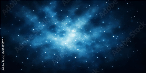 An abstract, dark blue nebula with a vibrant starfield illuminates the deep night sky and outer cosmos