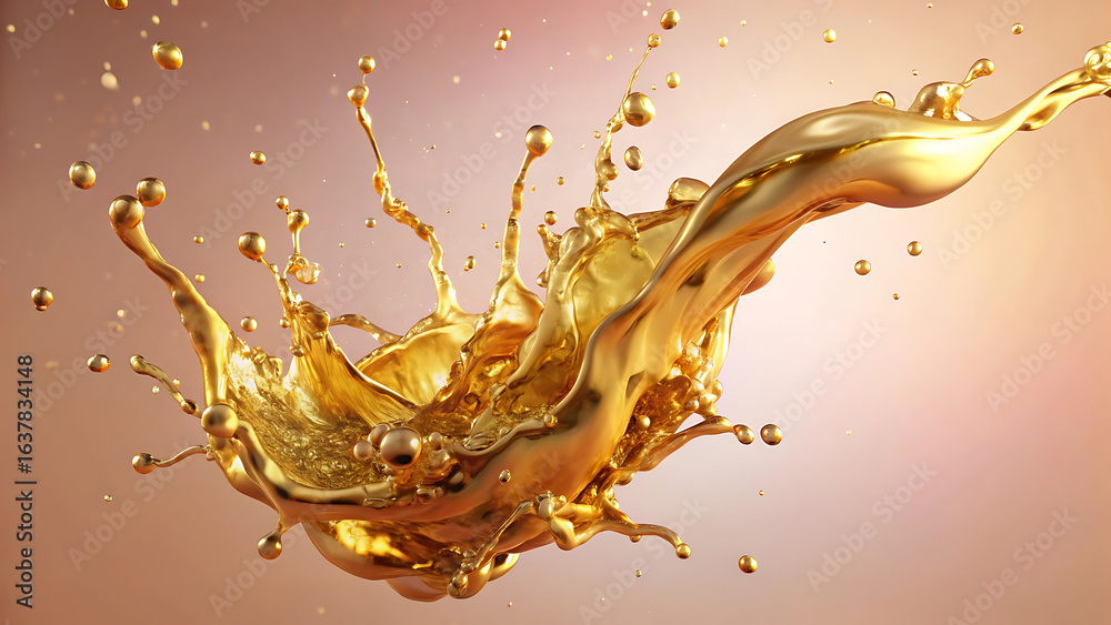 Fototapeta premium Golden oil splash frozen mid air with subtle lighting effects for premium product or creative advertising
