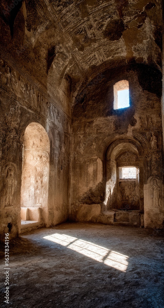 Naklejka premium Interior of a sunlit ancient church ruin