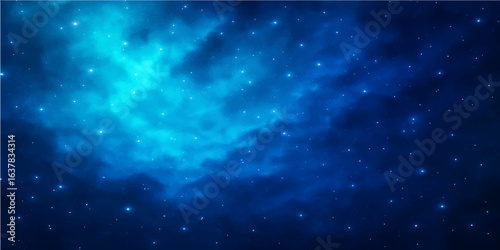 An abstract, deep blue night sky with bright stars, nebula, and galaxies