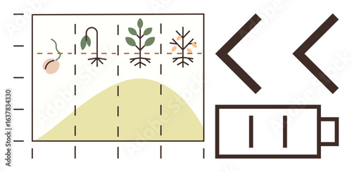 Sprout growth stages from seed to maturity shown on chart with energy battery icon. Ideal for growth, sustainability, development, energy, agronomy, technology, nature. Simple flat metaphor