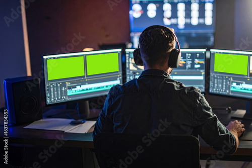 A man is editing a commercial video on a computer in a studio.