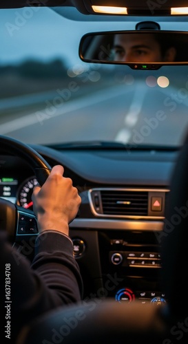Night Driving: Person at the Wheel on Highway in Car Interior