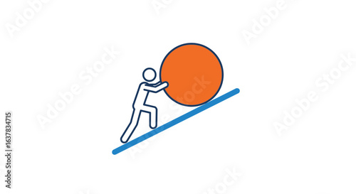 Vector illustration of person pushing an orange ball uphill on a blue slope, symbolizing effort and determination isolated on white background