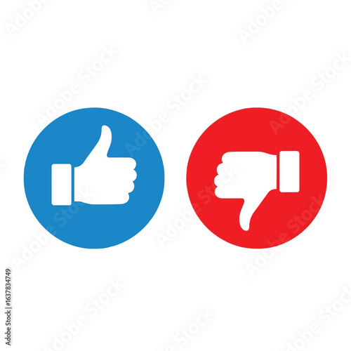 Vector illustration of thumbs up and thumbs down icons in blue and red circles, symbolizing like and dislike or approval and disapproval isolated on white background