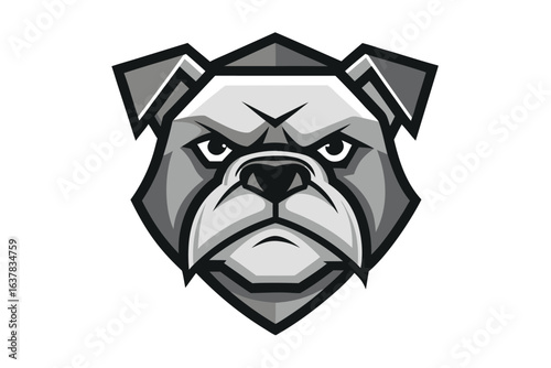 Gray bulldog mascot with angry expression is intensely looking directly at the viewer