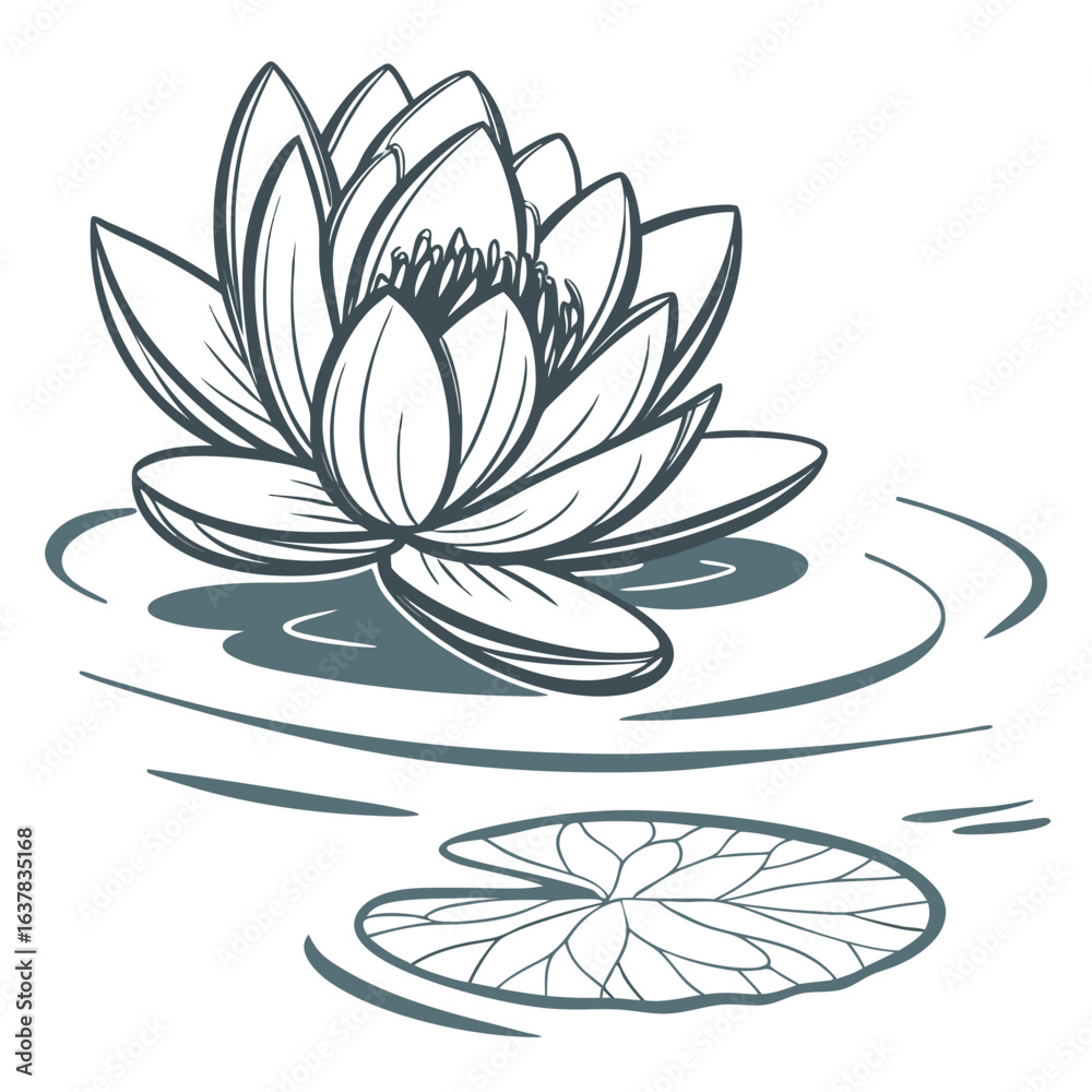 Fototapeta premium A lotus flower icon floating on water with layered petals. 
