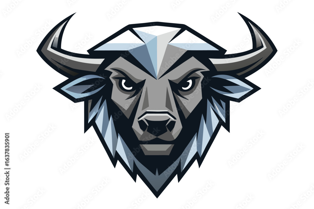 Obraz premium Stylized water buffalo head with prominent horns shows geometric shapes and sharp angles against white