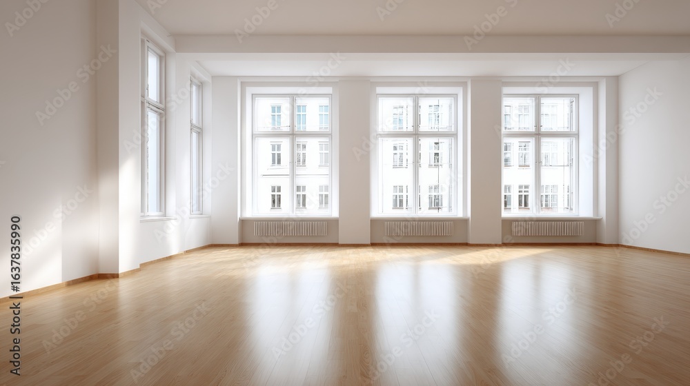 Fototapeta premium Bright Empty Room with Hardwood Flooring and Large Windows, Ideal for Real Estate and Interior Design