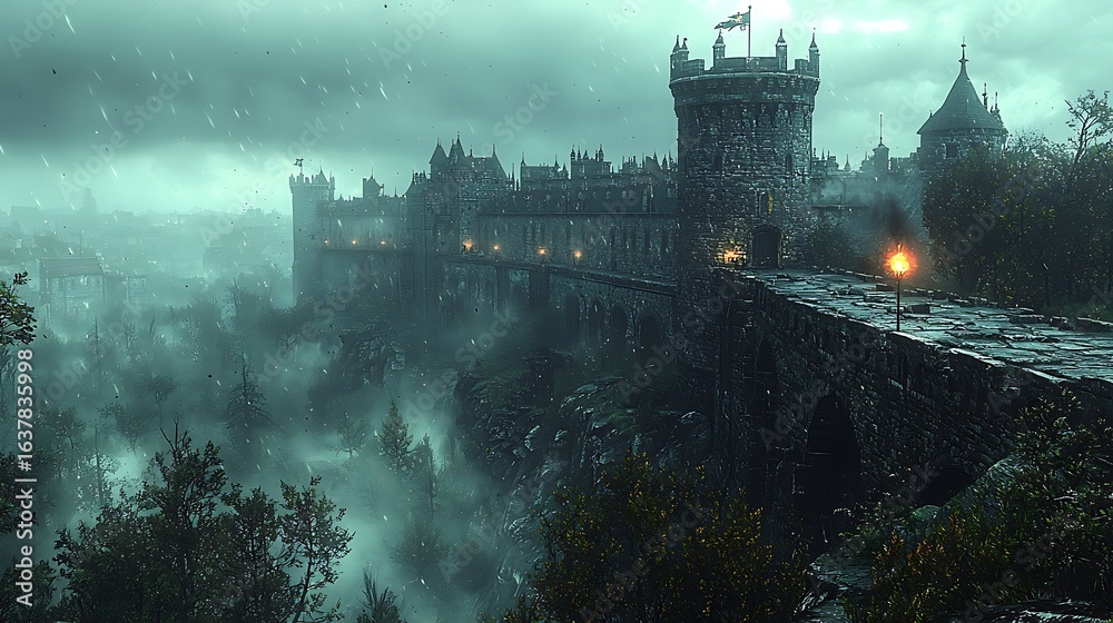 Fototapeta premium A grand medieval castle on a foggy cliff side, surrounded by dense pine forests.