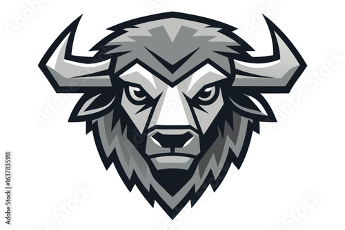 Monochromatic buffalo head stares intensely with sharp horns and a determined gaze