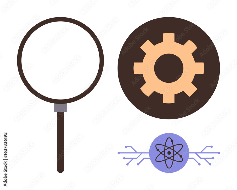 Obraz premium Magnifying glass with gear and atom design symbolizing research, technology advancement, and science innovation. Ideal for science, education, problem solving, technology, AI, engineering simple