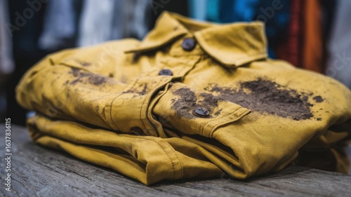 yellow shirt stained with mud	