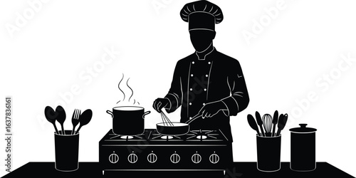 Chef silhouette cooking, professional kitchen scene, steaming pot, whisk action, culinary tools, stove setup, utensils, food preparation, restaurant concept