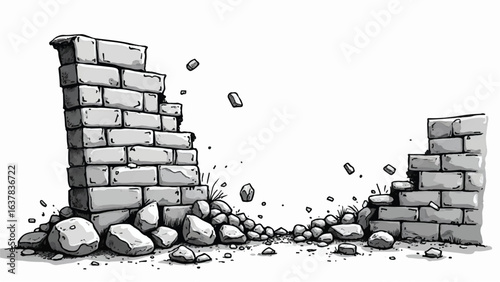 Crumbling Brick Wall. Illustration of Crumbling Brick Wall Showing Decay and Structural Collapse. 
