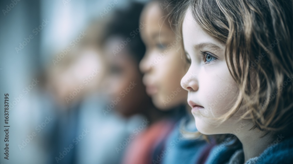 Children elementary school students standing in line with focused expressions indoors, banner with copy space Children elementary school students standing in line with focused expressions indoors, banner with copy space