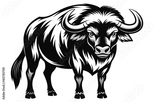 Monochrome buffalo stares with bold intensity, its powerful horns curved in a stark silhouette