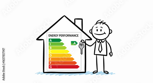 Smiling stick figure businessman holding a key next to a house with an A-rated energy performance chart.