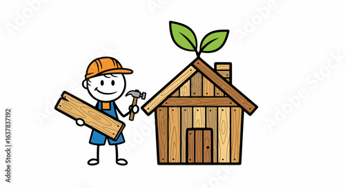 Smiling stick figure builder in a hard hat constructing an eco-friendly wooden house with a green sprout on top.