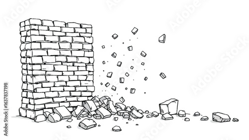 Crumbling Brick Wall. Illustration of Crumbling Brick Wall Showing Decay and Structural Collapse. 