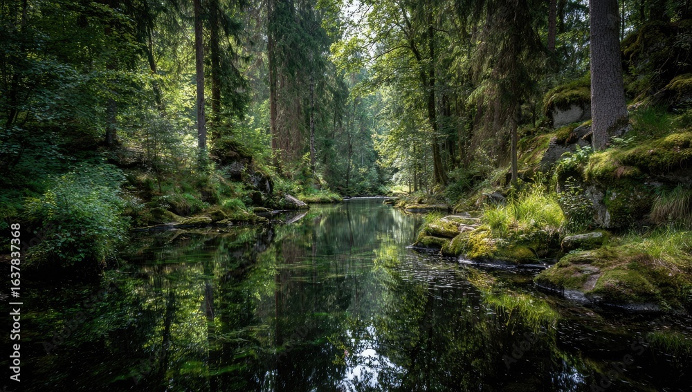 Obraz premium Calm forest stream reflecting trees