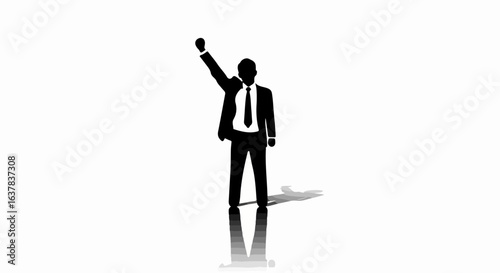 Victorious businessman silhouette in a suit, raising a clenched fist in a triumphant gesture.