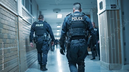 Police officers walking through school hallway during emergency response, school shooting  